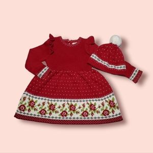 set-  knitted dress for girl with hat, christmas dress, 24 months.  Red.